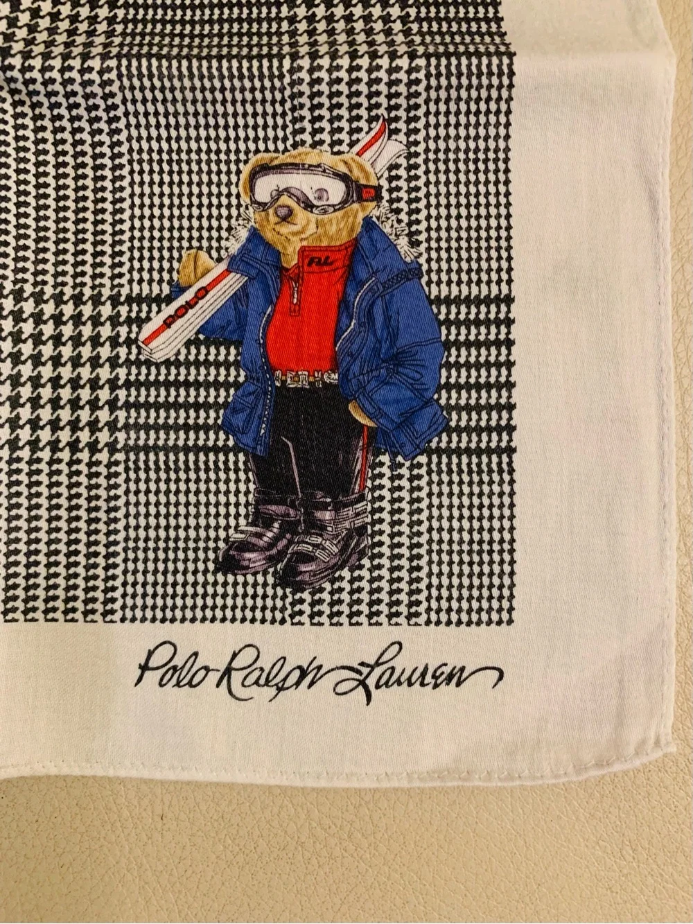 Polo Ralph Lauren Polo Bear Handkerchief Navy Glen Plaid 19” Cotton EUC Unisex